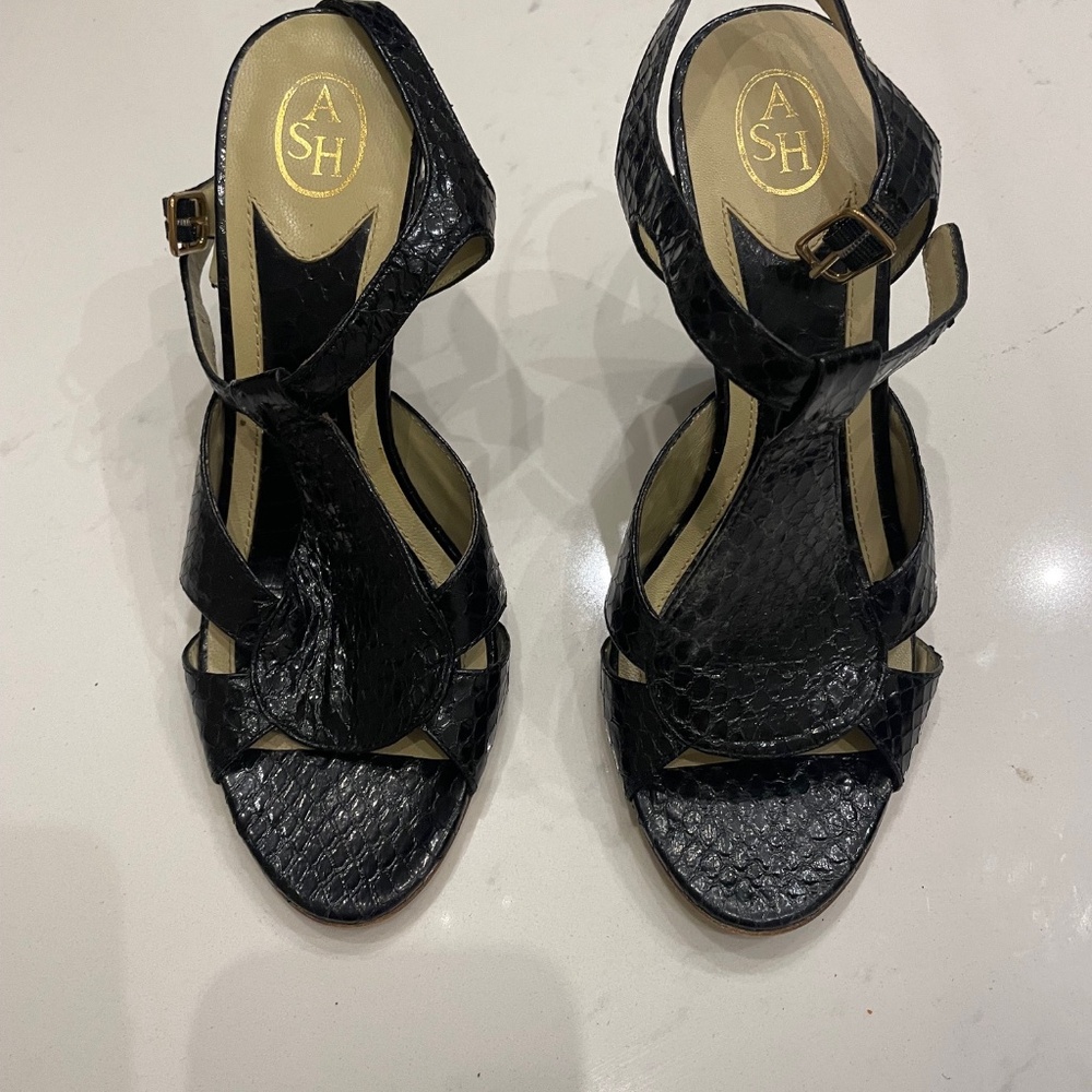 ASH Black Snakeskin patent leather Wedge Sandal